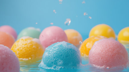 Colorful Bath Bombs Fizzing in Water with Bubbles and Splashing Droplets. High quality photoの素材