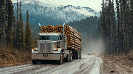 Large Logging Truck Transporting Timber on a Snowy Road in a Winter Landscape. High quality photoの素材