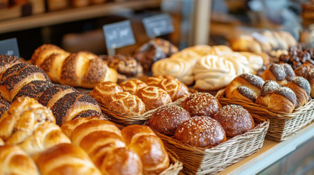 Variety of Freshly Baked Bread Loaves Arranged on a Bakery Counter. High quality photoの素材