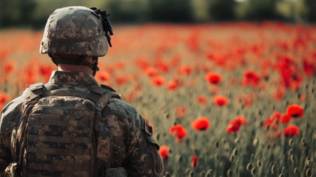 Soldier Standing in Field of Red Poppies at Sunset Wearing Camouflage Gear. High quality photoの素材