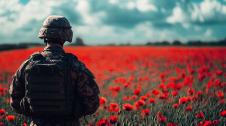 Soldier Standing in Field of Red Poppies at Sunset Wearing Camouflage Gear. High quality photoの素材