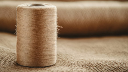 Beige Thread Spool Standing on Wooden Surface with Blurred Background of Yarn Rolls. High quality photoの素材