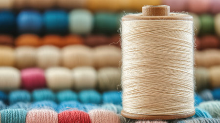 Beige Thread Spool Standing on Wooden Surface with Blurred Background of Yarn Rolls. High quality photoの素材