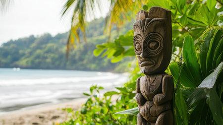 Ancient Mayan Stone Statue Surrounded by Lush Jungle Vegetation and Sunbeams. High quality photoの素材