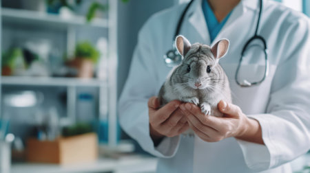 Veterinarian Holding a Chinchilla in Hands Inside a Bright Veterinary Clinic. High quality photoの素材