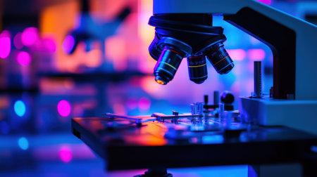 Close-Up of Microscope in High-Tech Laboratory with Neon Lighting in Background. High quality photoの素材