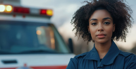 Female Paramedic Standing Confidently in Front of Ambulance Vehicle. High quality photoの素材
