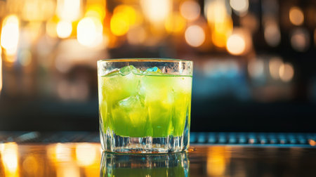 Glass of Bright Green Cocktail with Ice Cubes on Bar Counter in Nightclub Setting. High quality photoの素材