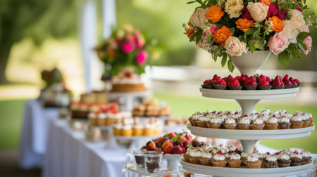 Colorful Cupcakes Arranged on Purple Tiered Stands at Outdoor Celebration. High quality photoの素材
