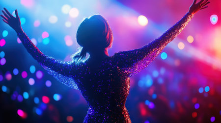 Person in Sparkling Sequin Outfit Raising Arms in Front of Colorful Bokeh Party Lights. High quality photoの素材