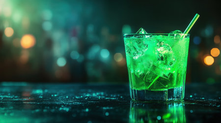 Glass of Bright Green Cocktail with Ice Cubes on Bar Counter in Nightclub Setting. High quality photoの素材
