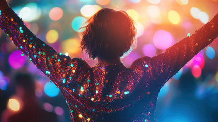 Person in Sparkling Sequin Outfit Raising Arms in Front of Colorful Bokeh Party Lights. High quality photoの素材