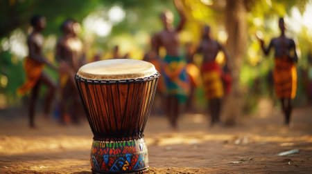 Traditional African Drum on Ground with People Dancing in Background Outdoors. High quality photoの素材