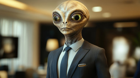 Extraterrestrial Being in Business Suit Standing in Corporate Office Interior. High quality photoの素材