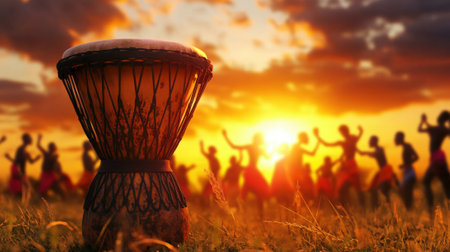 Traditional African Drum on Ground with People Dancing in Background Outdoors. High quality photoの素材