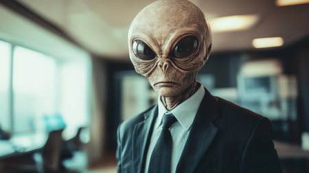 Extraterrestrial Being in Business Suit Standing in Corporate Office Interior. High quality photoの素材