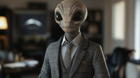 Extraterrestrial Being in Business Suit Standing in Corporate Office Interior. High quality photoの素材