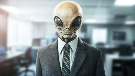 Extraterrestrial Being in Business Suit Standing in Corporate Office Interior. High quality photoの素材