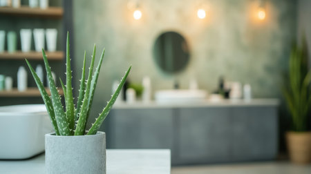 A pot of aloe vera stands in a beauty salon or store. High quality photoの素材