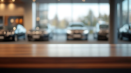 Empty tabletop with space for text against background of shop with cars. High quality photoの素材