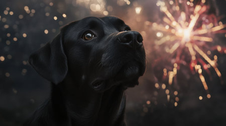 Black Labrador Dog Watching Fireworks in the Night Sky with Concerned Expression. High quality photoの素材