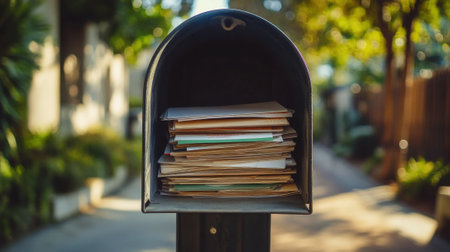 Overstuffed Mailbox with Letters and Envelopes on Suburban Street during Daylight. High quality photoの素材
