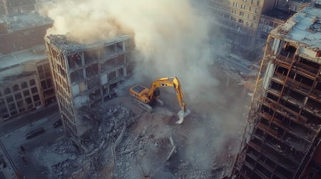 Excavator Demolishing Large Building with Rising Dust in Urban Ruins from Aerial View. High quality photoの素材