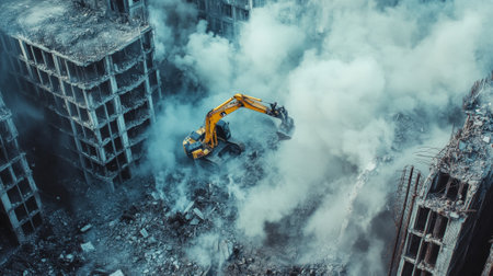 Excavator Demolishing Large Building with Rising Dust in Urban Ruins from Aerial View. High quality photoの素材