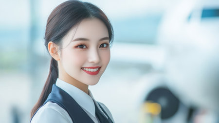 Smiling Flight Attendant Posing in Front of Airplane at Airport. High quality photoの素材
