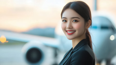 Smiling Flight Attendant Posing in Front of Airplane at Airport. High quality photoの素材
