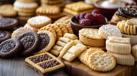 Assorted Cookies and Biscuits Displayed on Wooden Table Surface. High quality photoの素材