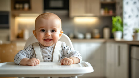 Smiling Baby Sitting in High Chair in Bright Cozy Kitchen Interior. High quality photoの素材