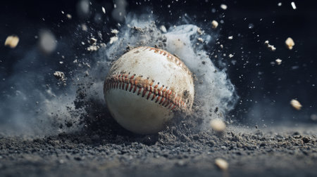 Close-Up of a Baseball Hitting the Ground with Dirt Particles Flying in the Air. High quality photoの素材
