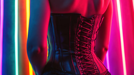 Young woman in black leather corset, back view at nightclub. High quality photoの素材
