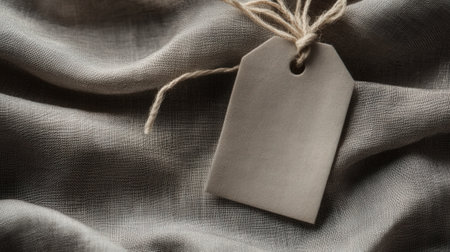 Craft blank label on silk fabric close-up. Mockup, text space. High quality photoの素材