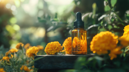 Bottle of calendula tincture on table with calendula flowers close-up. High quality photoの素材