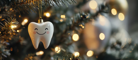 Fun festive Christmas tooth-shaped ornament with smile hanging on tree, close-up. High quality photoの素材