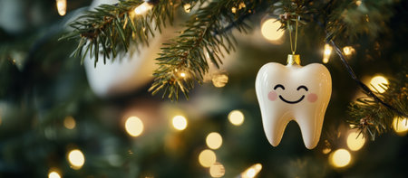 Fun festive Christmas tooth-shaped ornament with smile hanging on tree, close-up. High quality photoの素材
