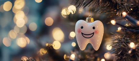 Fun festive Christmas tooth-shaped ornament with smile hanging on tree, close-up. High quality photoの素材