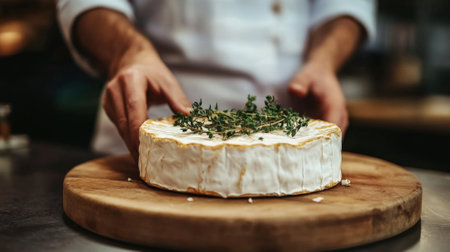 Chef garnishing cheese with herbs in restaurant before serving. High quality photoの素材