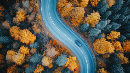 Car driving on winding road surrounded by autumn trees. High quality photoの素材