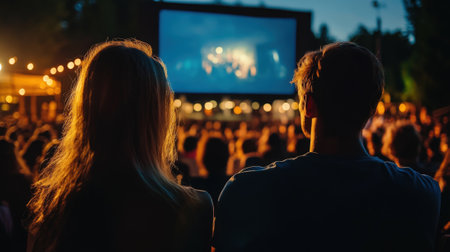 Group of people relaxing and watching movie outdoors, back view. High quality photoの素材