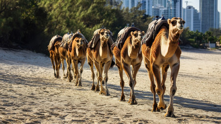 Caravan of brown camels walking on sand. High quality photoの素材