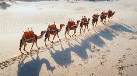 Caravan of brown camels walking on sand. High quality photoの素材
