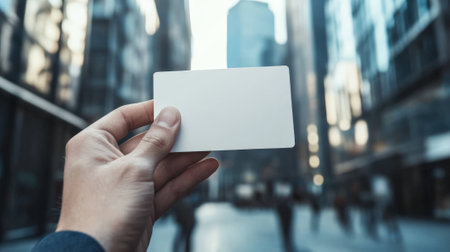 Businessman's hand close-up holding white business card mockup. High quality photoの素材