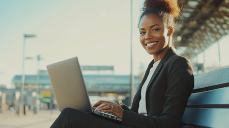 Dark-skinned positive woman in business suit sitting on bench working on laptop near airport. High quality photoの素材