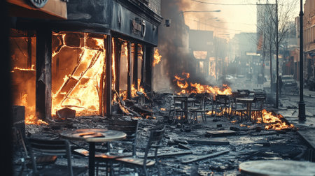Severely burned cafe on the street. High quality photoの素材
