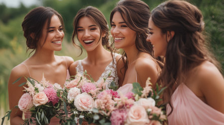 Bride with bridesmaids in dresses holding flowers. High quality photoの素材