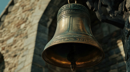Church bells close-up with temple in background. High quality photoの素材