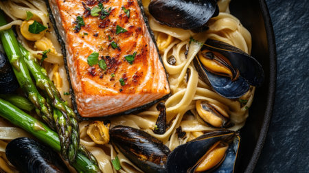 Grilled salmon with mussels close-up in restaurant. High quality photoの素材